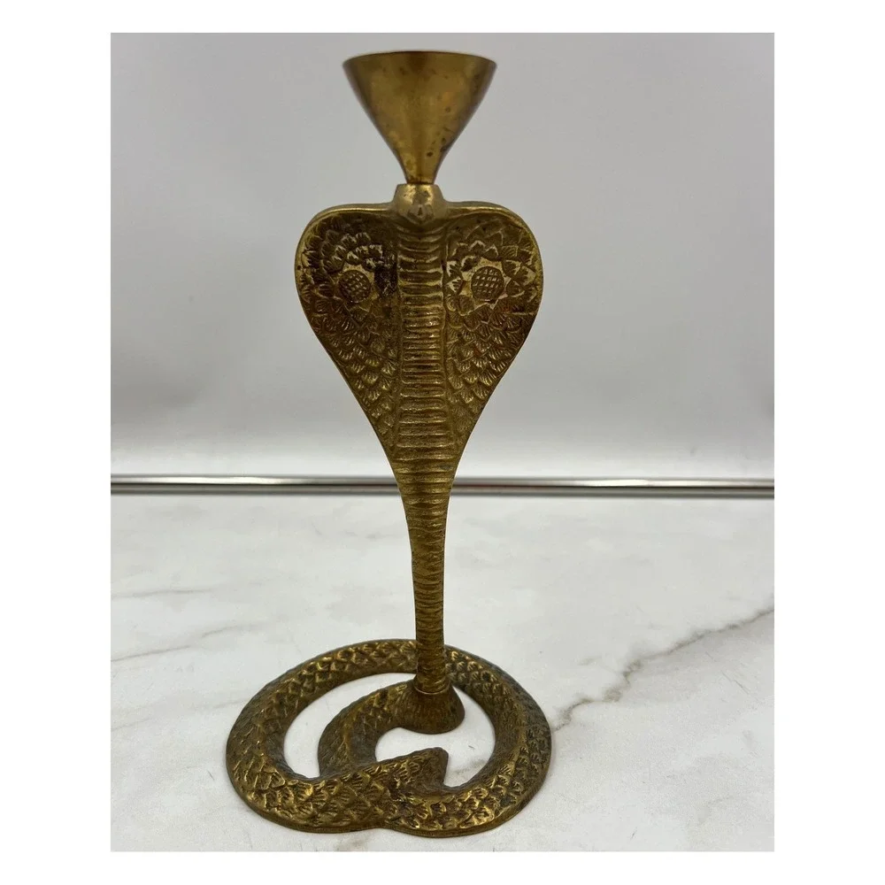 Vintage Solid Brass Cobra Snake Candlestick Holder Etched Coiled Base 8.5 Inch